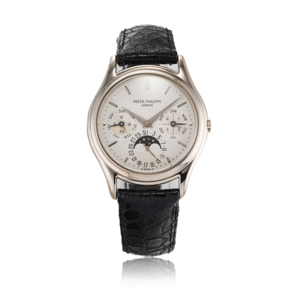 View full screen - View 1 of Lot 128. Reference 3941G | A white gold perpetual calendar wristwatch with moon phases, 24 hours and leap year indication, Circa 1990 | 百達翡麗 3941G |型號白金萬年曆腕錶備月相、24小時及閏年顯示,約1990年製.