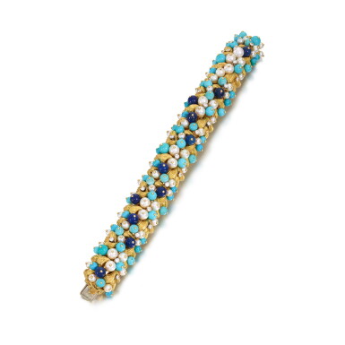 View full screen - View 1 of Lot 752. Turquoise, lapis lazuli, cultured pearl and diamond bracelet, 1960s.