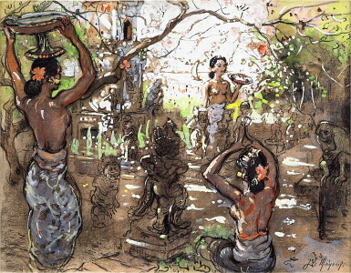 View full screen - View 1 of Lot 6253. Adrien-Jean Le Mayeur de Merprès 勒邁耶 | The sunny garden in Sanur with Ni Pollok and Balinese maidens 花園中的妮·帕洛與巴厘女子.