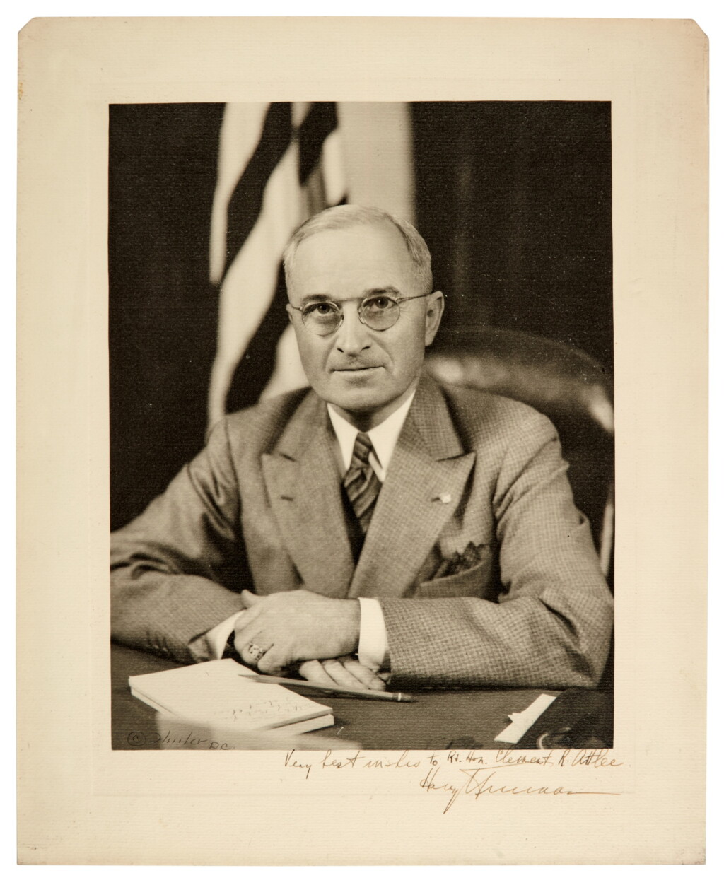 View full screen - View 1 of Lot 375. President Truman | Signed photo, inscribed to Clement Attlee, undated.