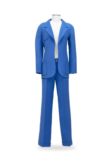 View full screen - View 1 of Lot 31. Balestra, circa 1975, Vivid blue gabardine ensemble with wide trousers | Veste et pantalon ample en gabardine bleu roi.