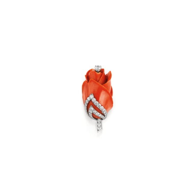 View full screen - View 1 of Lot 237. BROCHE CORAIL ET DIAMANTS, CARTIER, VERS 1950 | CORAL AND DIAMOND BROOCH, CARTIER, 1950S.