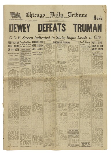 View full screen - View 1 of Lot 81. (1948 PRESIDENTIAL ELECTION) | Two issues of the Chicago Daily Tribune reporting the results of Truman-Dewey presidential election. Vol. CVII, No. 264. Chicago, Wednesday, November 3, 1948 & Vol. CVII, No. 265. Chicago, Thursday, November 4, 1948 .
