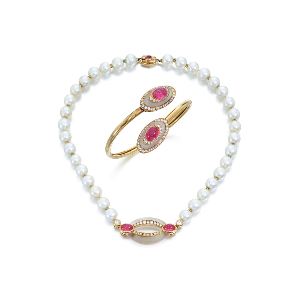 View full screen - View 1 of Lot 777. Tourmaline, rock crystal, cultured pearl and diamond demi-parure, circa 1980.