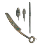 A group of three archaic bronze spearheads, Zhou dynasty | 周 青銅矛頭一組三件 及 東周戰國 青銅刀幣