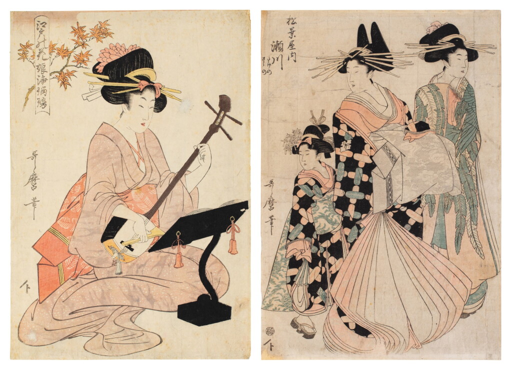 View full screen - View 1 of Lot 277. Kitagawa Utamaro (1754-1806), Two woodblock prints, Japan, Edo period | 日本 江戶時代 喜多川歌麿 木刻版畫一組二幀.