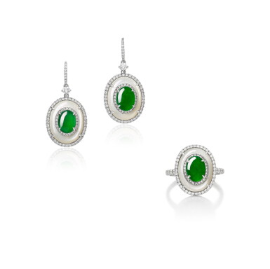 View full screen - View 1 of Lot 2919. Jadeite, Moonstone and Diamond Demi-Parure | 天然翡翠, 月光石 配 鑽石 戒指 及 耳墜套裝.