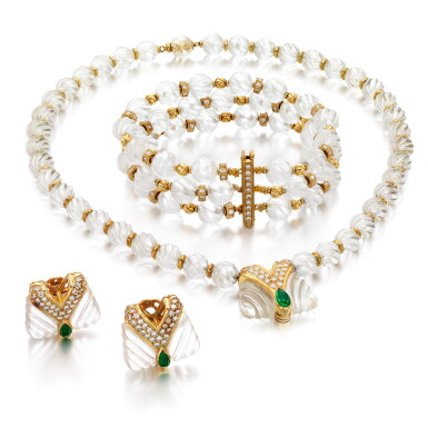 View full screen - View 1 of Lot 221. Rock crystal, emerald and diamond parure.