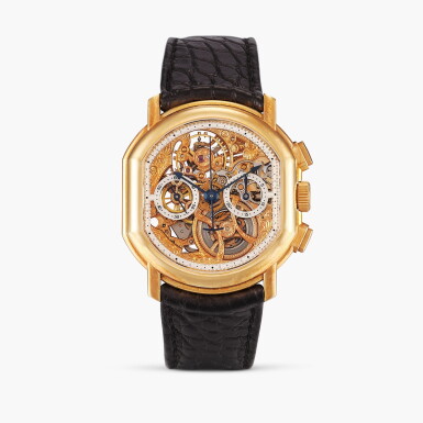 View full screen - View 1 of Lot 2392. Chronograph Skeleton | A pink gold skeletonised chronograph wristwatch, Circa 1990.
