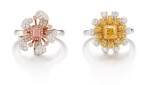 FANCY LIGHT PINK DIAMOND AND DIAMOND RING; AND A FANCY INTENSE YELLOW DIAMOND AND DIAMOND RING | 0.27卡拉 方形 淡彩粉紅色 鑽石 配 鑽石 戒指; 及 0.67卡拉 古墊形 濃彩黃色鑽石 配 鑽石 戒指