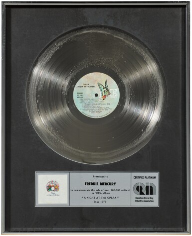 View full screen - View 1 of Lot 2044. Queen – Freddie Mercury's CRIA sales award for A Night At The Opera.