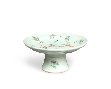 View full screen - View 1 of Lot 163. A celadon ground famille rose tazza Qing dynasty, 18th century | Coupe à pied de la famille rose sur un fond céladon Chine, dynastie Qing, XVIIIe siècle.
