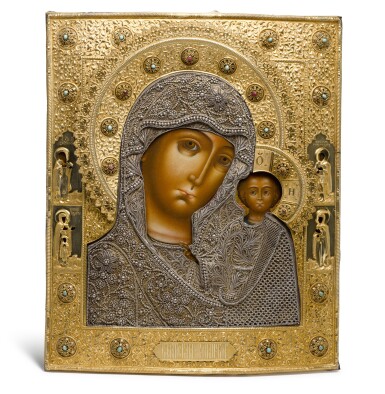 View full screen - View 1 of Lot 226. A LARGE GEM-SET SILVER-GILT AND FILIGREE ICON OF THE KAZANSKAYA MOTHER OF GOD, MIKHAIL SHEIN, MOSCOW, 1865.