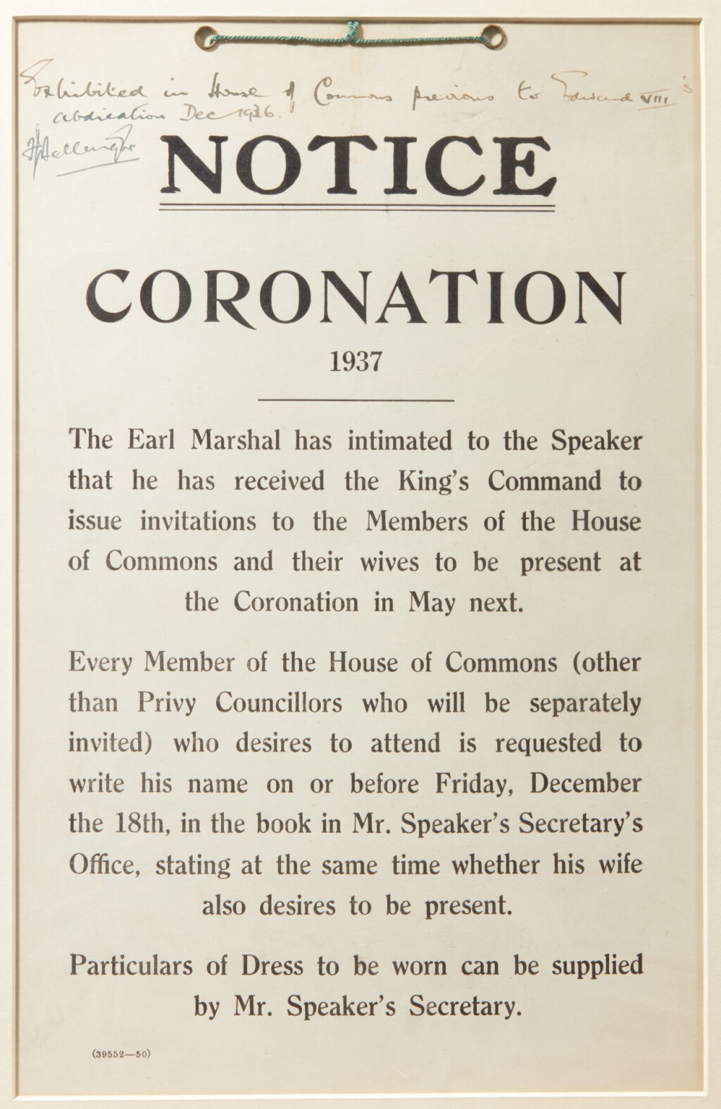 View full screen - View 1 of Lot 35. Edward VIII (Duke of Windsor) | Printed Notice of his coronation, displayed in the House of Commons, 1936.