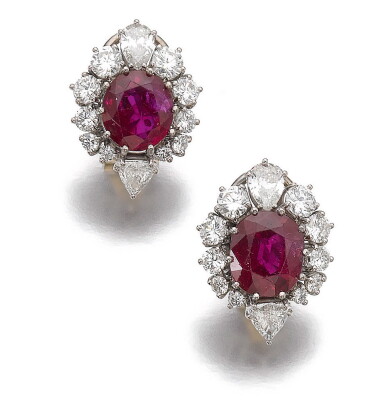View full screen - View 1 of Lot 8. PAIR OF RUBY AND DIAMOND EARRINGS.