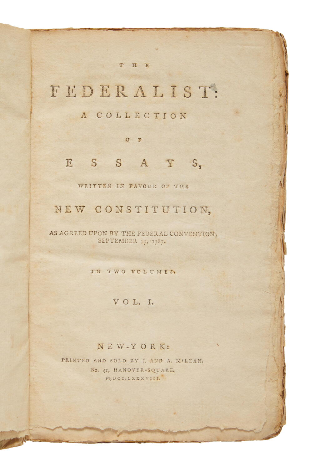View full screen - View 1 of Lot 1008. (Hamilton, Alexander, James Madison, and John Jay) | A first edition Federalist, uncut and unsophisticated, in original boards.