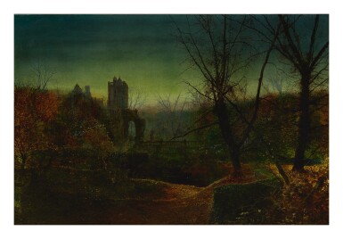 View full screen - View 1 of Lot 5. JOHN ATKINSON GRIMSHAW | KNOSTROP OLD HALL AT DUSK.