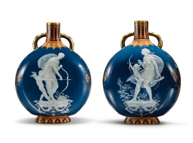 View full screen - View 1 of Lot 335. A RARE PAIR OF MINTONS PÂTE-SUR-PÂTE PEACOCK-BLUE-GROUND TWO-HANDLED BOTTLE EXHIBITION VASES, CIRCA 1877.