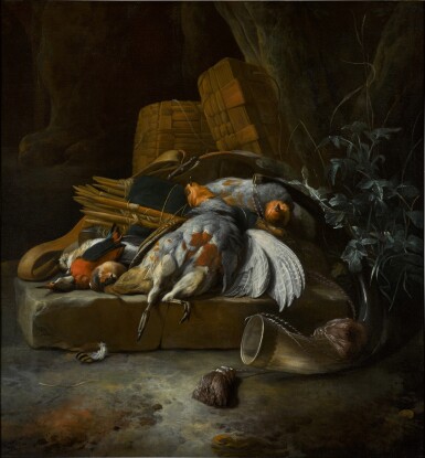 View full screen - View 1 of Lot 441. Still life with partridges, a kingfisher, bird nets and boxes.