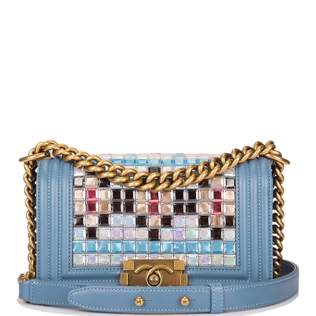 View full screen - View 1 of Lot 29. Chanel Blue Metiérs d'Art Mosaic Embroidered Small Boy Bag of Lambskin Leather with Antiqued Gold Tone Hardware.