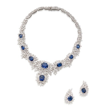 View full screen - View 1 of Lot 69. Sapphire and Diamond Pendant-Necklace and Pair of Earclips.