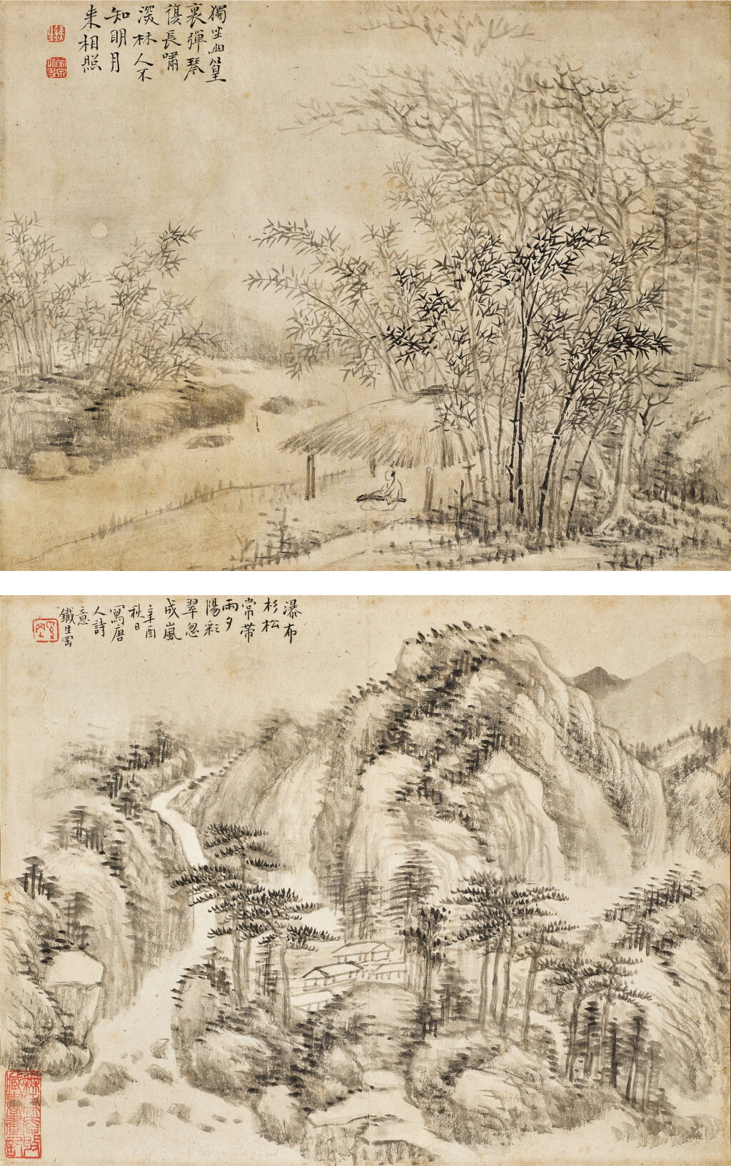 全螢幕檢視 - 查看3154Xi Gang, Waterfall landscape and Bamboo Forest | 奚岡 琴幽篁圖及松溪瀑布圖的1
