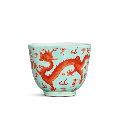 View full screen - View 1 of Lot 328. A turquoise-ground iron-red-decorated ‘dragon’ cup, Seal mark and period of Daoguang 清道光 松石綠地礬紅彩雙龍趕珠紋盃 《大清道光年製》款.