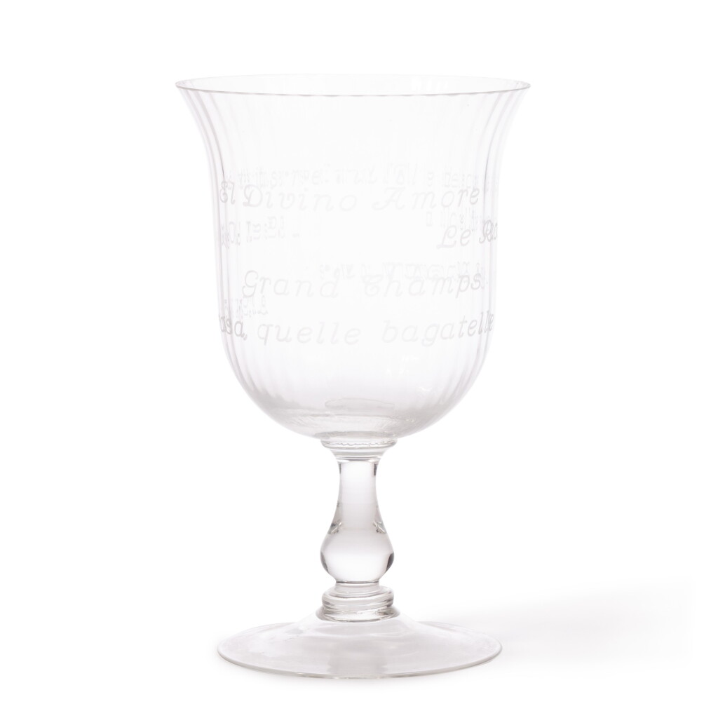 View full screen - View 1 of Lot 362. A large glass goblet engraved with the names of various Karl Lagerfeld properties, probably French, 20th century | Großer wohl französischer Glaspokal graviert mit den Namen verschiedener Karl Lagerfeld Residenzen, 20. Jh..