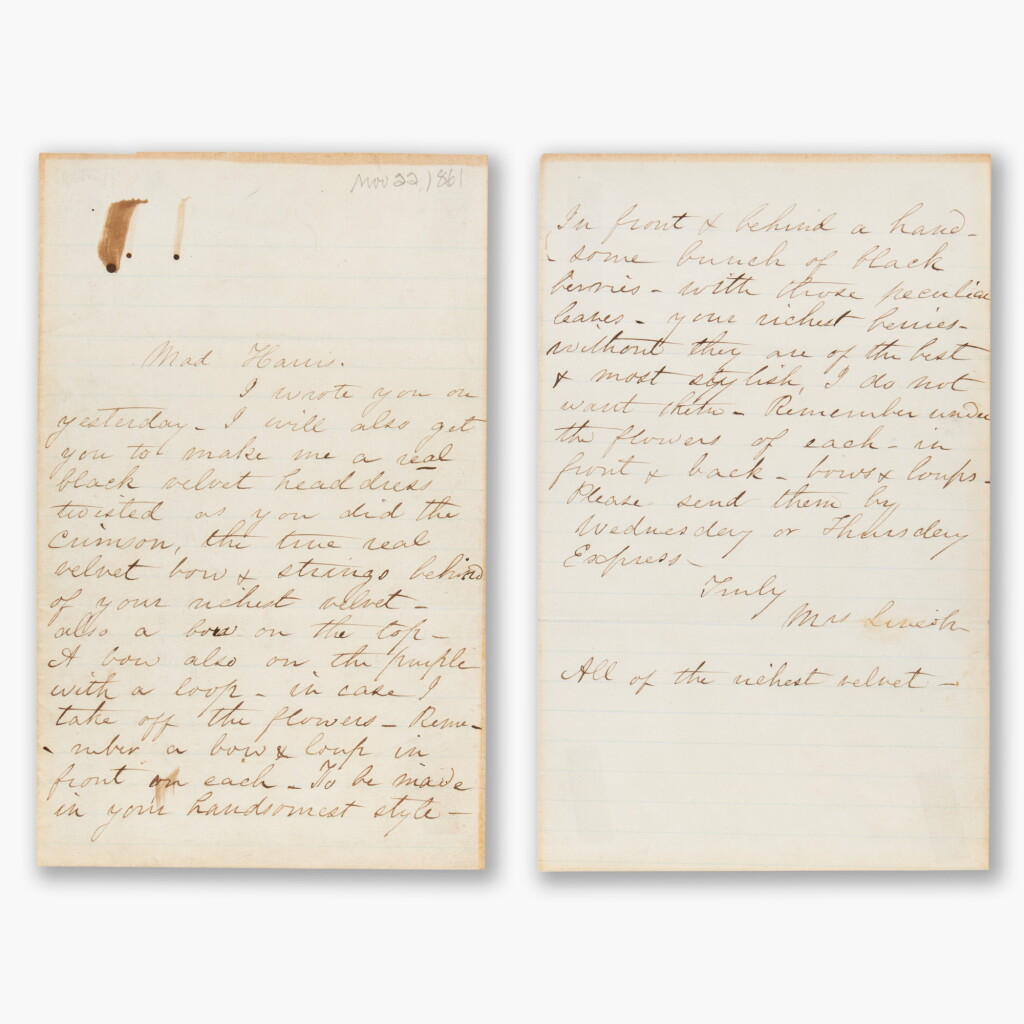 View full screen - View 1 of Lot 372. Lincoln, Mary Todd | A meticulous order for a hat from her Jewish milliner, Ruth Harris.