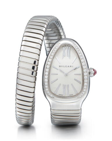 View full screen - View 1 of Lot 8002. BULGARI | SERPENTI TUBOGAS, REFERENCE SP 35 S, A STAINLESS STEEL AND DIAMOND-SET BANGLE WATCH, CIRCA 2010.