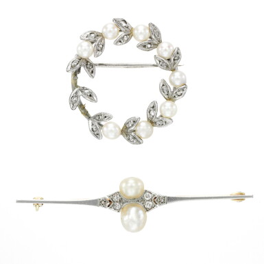 View full screen - View 1 of Lot 7. Two pearl and diamond brooches, early 20th century.