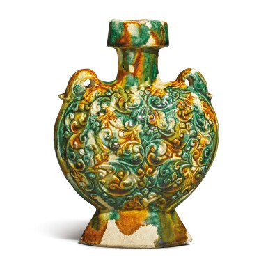 View full screen - View 1 of Lot 689. A MOLDED SANCAI-GLAZED 'PILGRIM' FLASK, TANG DYNASTY.