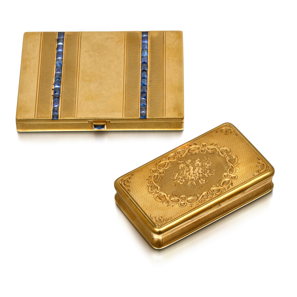 View full screen - View 1 of Lot 1539. A jewelled vanity case, Paris, early twentieth century, and a gold snuff box, Turin, 1824-1829.