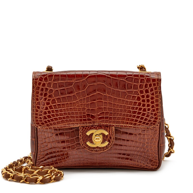 Caramel Brown Alligator Mini Square Classic Flap Gold Hardware, 1991-1994