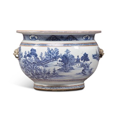 View full screen - View 1 of Lot 92. A massive blue and white 'landscape' fish bowl, Qing dynasty, Qianlong period.