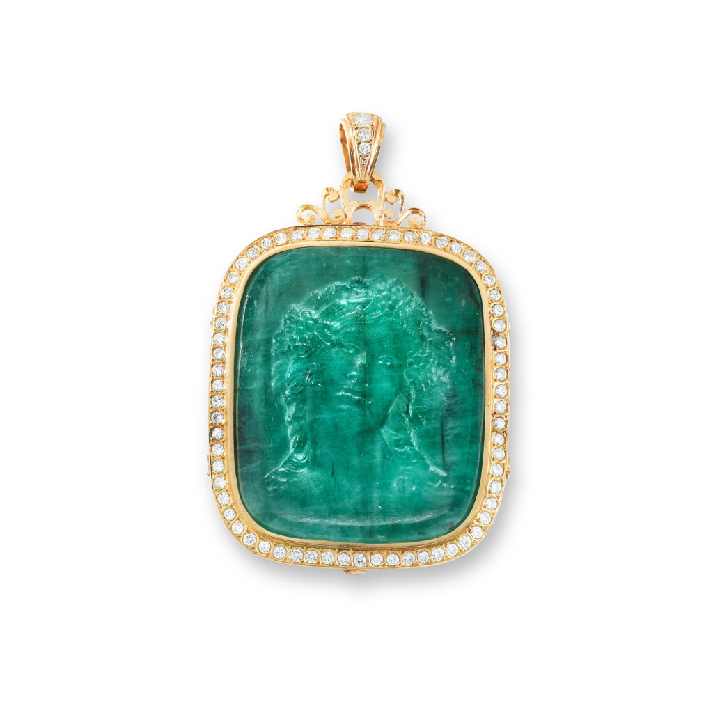 View full screen - View 1 of Lot 94. Emerald and diamond pendant.