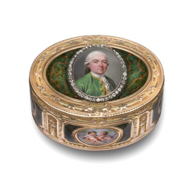 View full screen - View 1 of Lot 1218. A jewelled three-colour gold and enamel snuff box, probably Geneva, circa 1770.