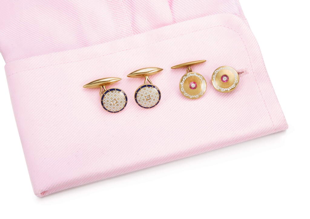 View full screen - View 1 of Lot 1041. TWO PAIRS OF ENAMEL AND GEM SET CUFFLINKS.