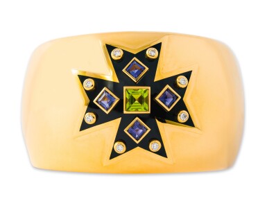 View full screen - View 1 of Lot 24. VERDURA | GOLD, ENAMEL, DIAMOND AND GEM-SET 'MALTESE CROSS' CUFF-BRACELET.