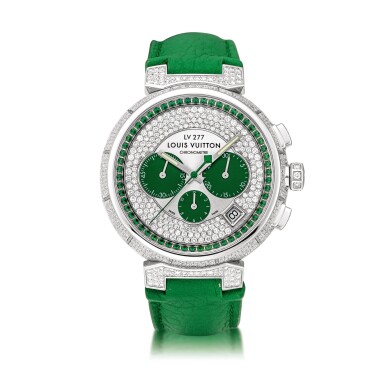 View full screen - View 1 of Lot 2044. Louis Vuitton | Tambour, Reference Q1E90, A brand new limited edition white gold, diamond and green sapphire-set chronograph wristwatch with date, Circa 2019 | 路易威登 | Tambour 型號Q1E90 全新限量版白金鑲鑽石及綠色寶石計時腕錶,備日期顯示,約2019年製.