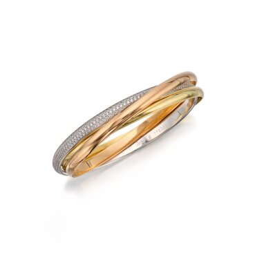 View full screen - View 1 of Lot 9. Three-Color Gold and Diamond 'Trinity' Bangle-Bracelet, France.