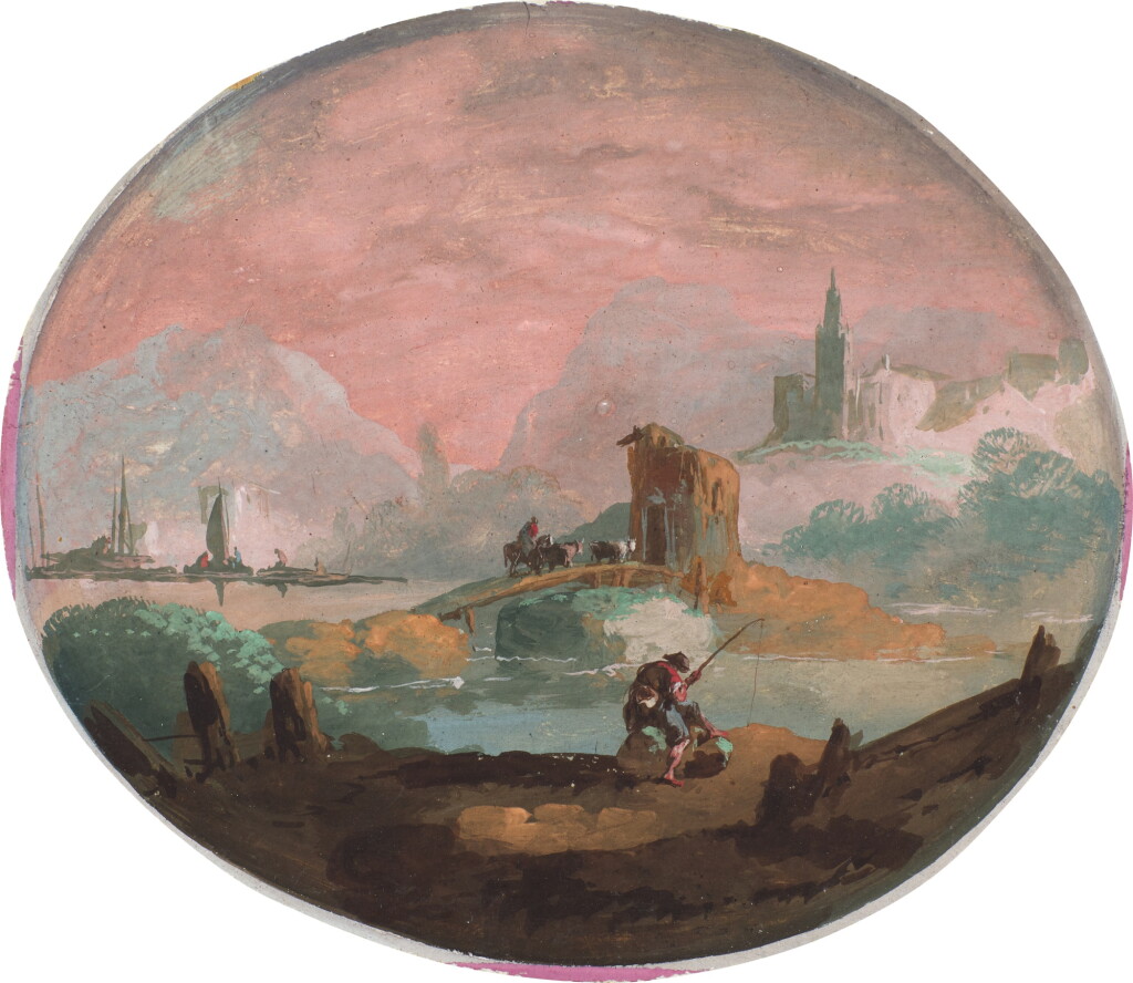View full screen - View 1 of Lot 34. Pair of oval capriccio landscapes with figures by a lake, one with a bridge and buildings, the other with straw huts near the shore and both with boats.