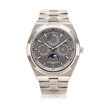 View full screen - View 1 of Lot 298. Reference 4300V/120G-B102 Overseas An ultra thin white gold automatic perpetual calendar wristwatch with bracelet, Circa 2018 .