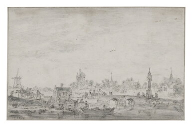 View full screen - View 1 of Lot 90. View on the outskirts of a village, a bridge in the foreground and travelers on a road.