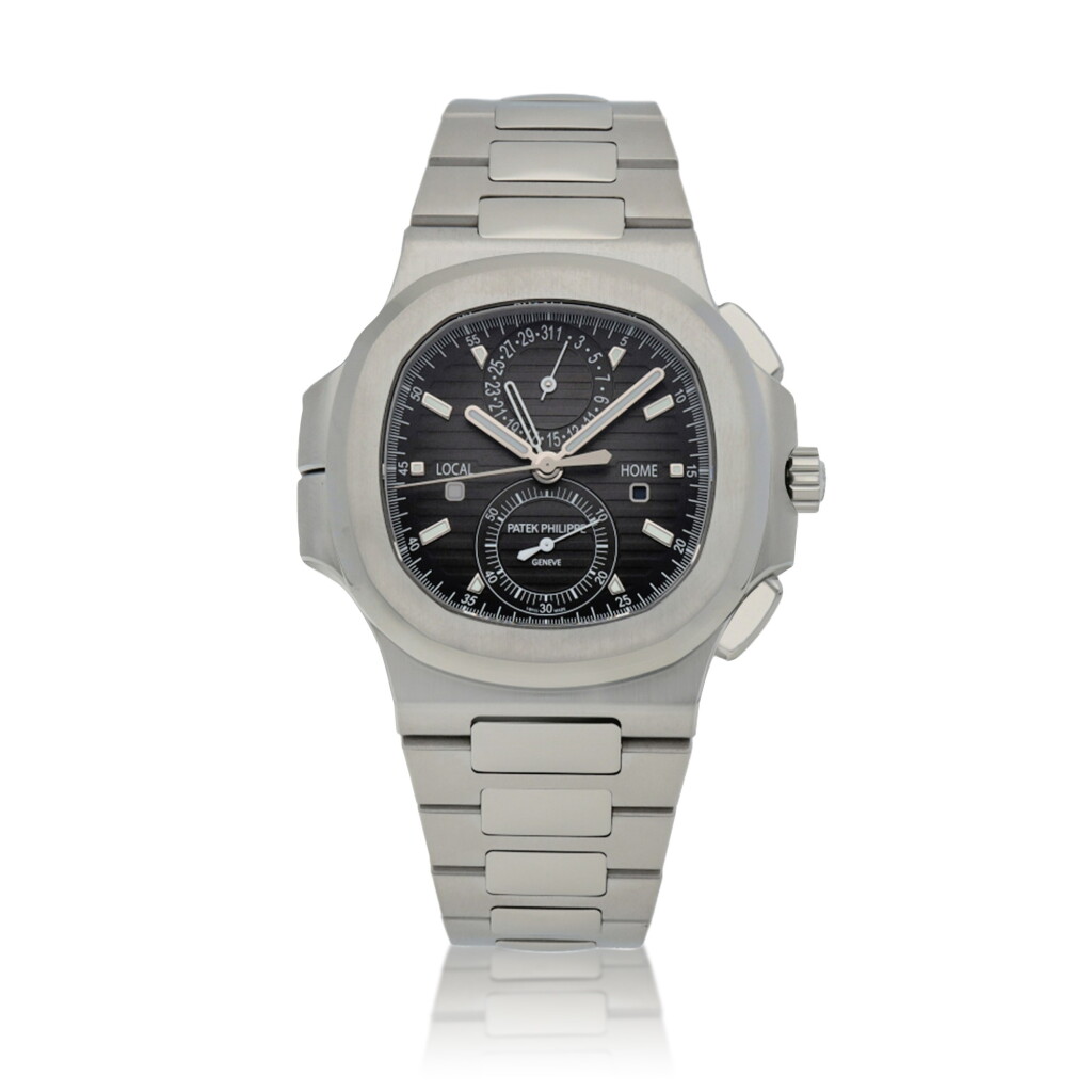 View full screen - View 1 of Lot 127. Nautilus, Ref. 5990/1A-001 Stainless steel dual time zone flyback chronograph wristwatch with date, dual day/night indication and bracelet Circa 2021 | 百達翡麗 | 5990/1A-001型號「Nautilus」精鋼兩地時間飛返計時鍊帶腕錶備日期及兩地晝夜顯示,年份約2021.