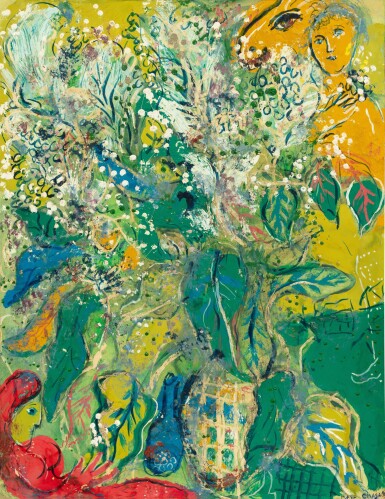 View full screen - View 1 of Lot 256. Fleurs et figures ou Bouquet en vert avec femme et chèvre jaune.