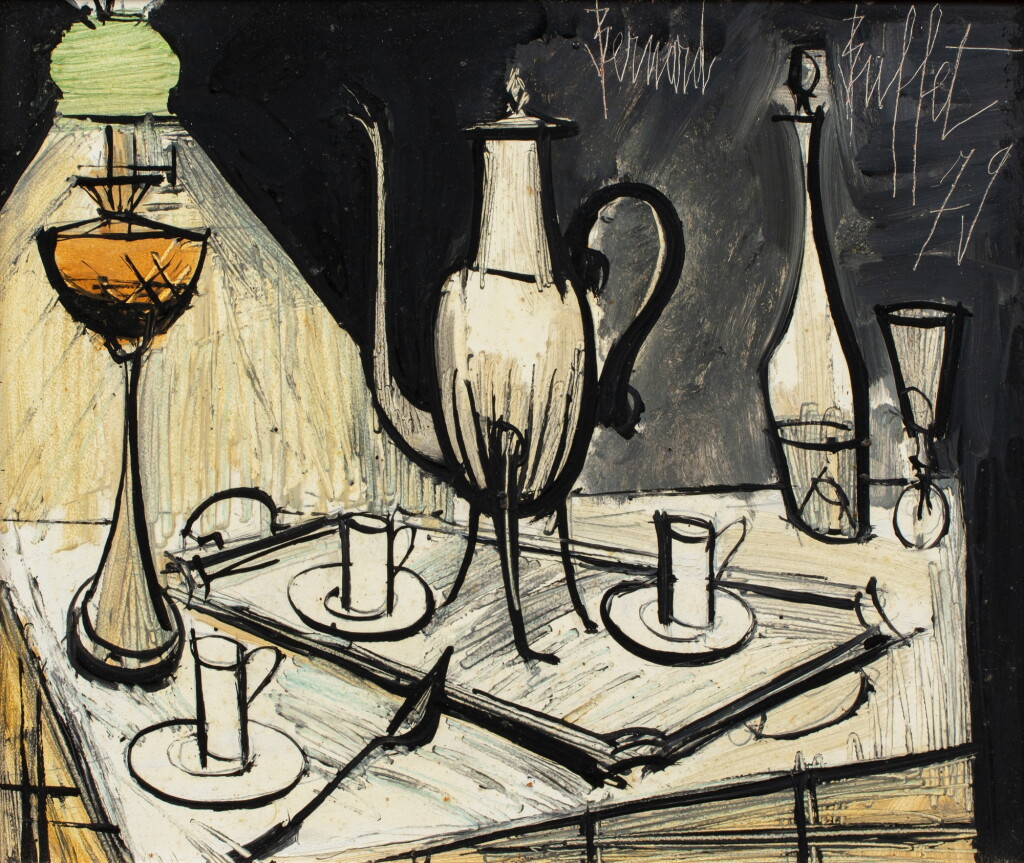 View full screen - View 1 of Lot 138. Nature morte au service à café et à la lampe à pétrole.