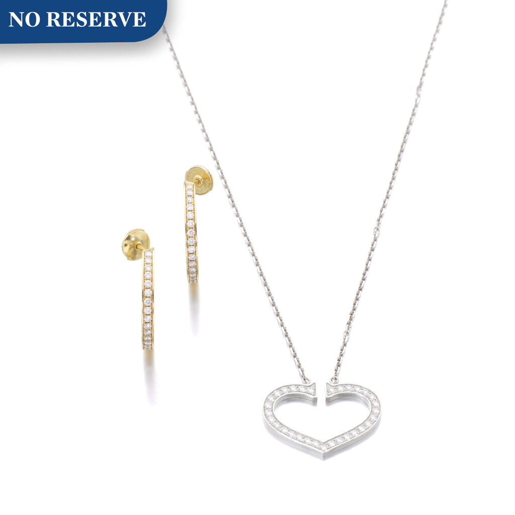 View full screen - View 1 of Lot 147. CARTIER | DIAMOND NECKLACE AND PAIR OF EARRINGS.