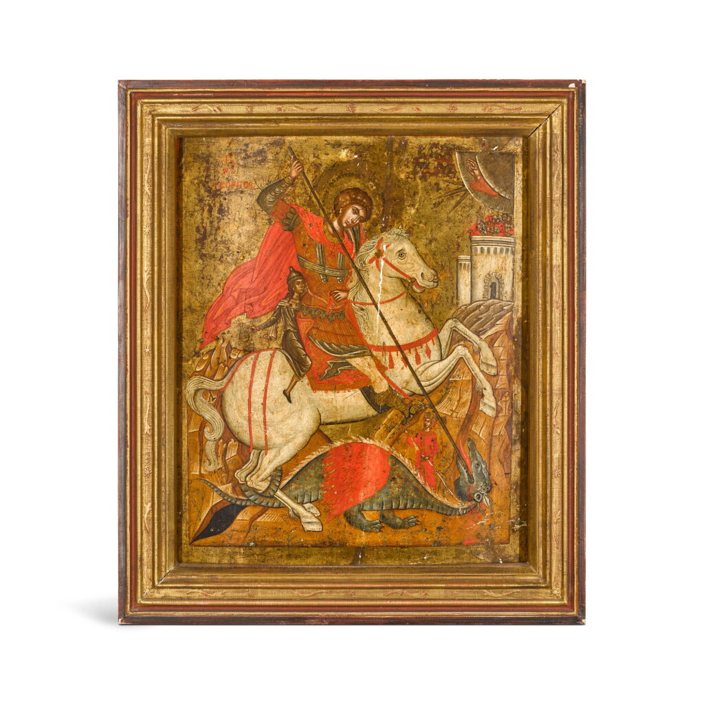 View full screen - View 1 of Lot 325. A large icon of St George Slaying the Dragon, probably Crete, 17th century.