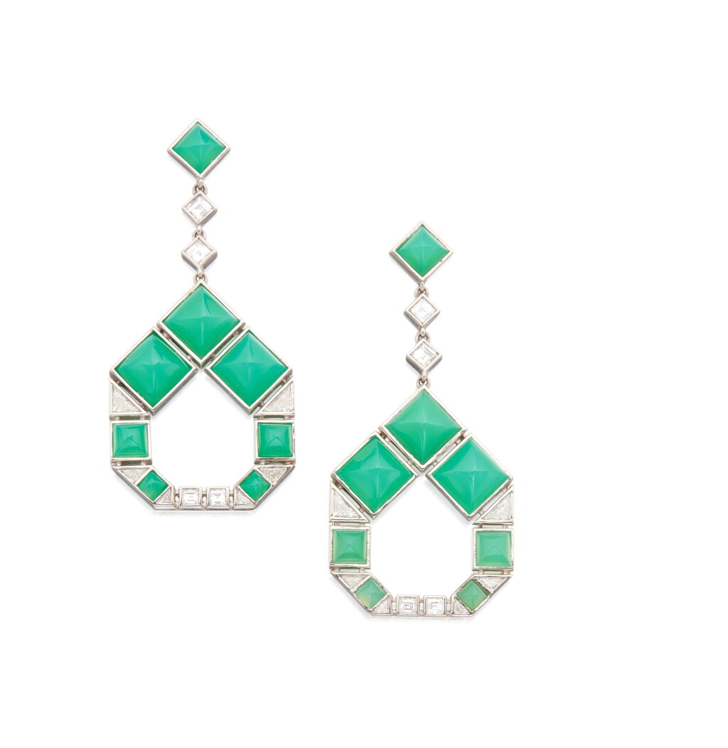 View full screen - View 1 of Lot 46. PAIR OF CHRYSOPHRASE AND DIAMOND PENDANT-EARRINGS, TIFFANY & CO..